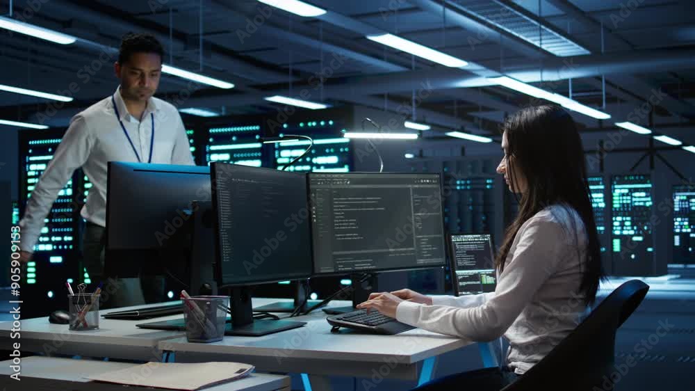 Management executive in data center ensuring system can handle networking tasks. Coworkers doing brainstorming in server room, tracking network traffic with PC, making improvements, camera B