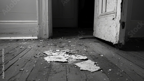 Crime scene photo capturing a door kicked in and blown off its hinges. This image shows the aftermath of a home invasion, with a focus on the violent entryway.