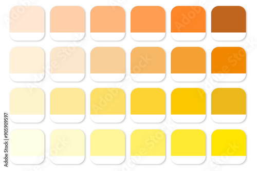 Yellow and orange gradient palette. Square color swatches with white base. Various shades. Vector illustration.