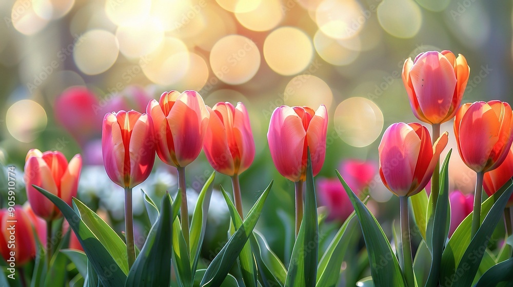 Tulip Field at Golden Hour: A vibrant cluster of pink and orange tulips ...