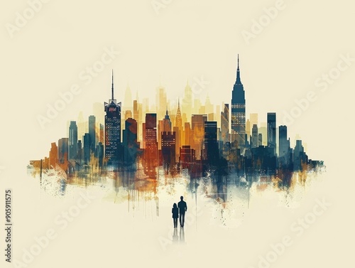 Minimalist and abstract urban skyline poster with clean lines  simple shapes  and a dramatic color palette  This graphic design artwork showcases a modern cityscape silhouette in a minimalist photo