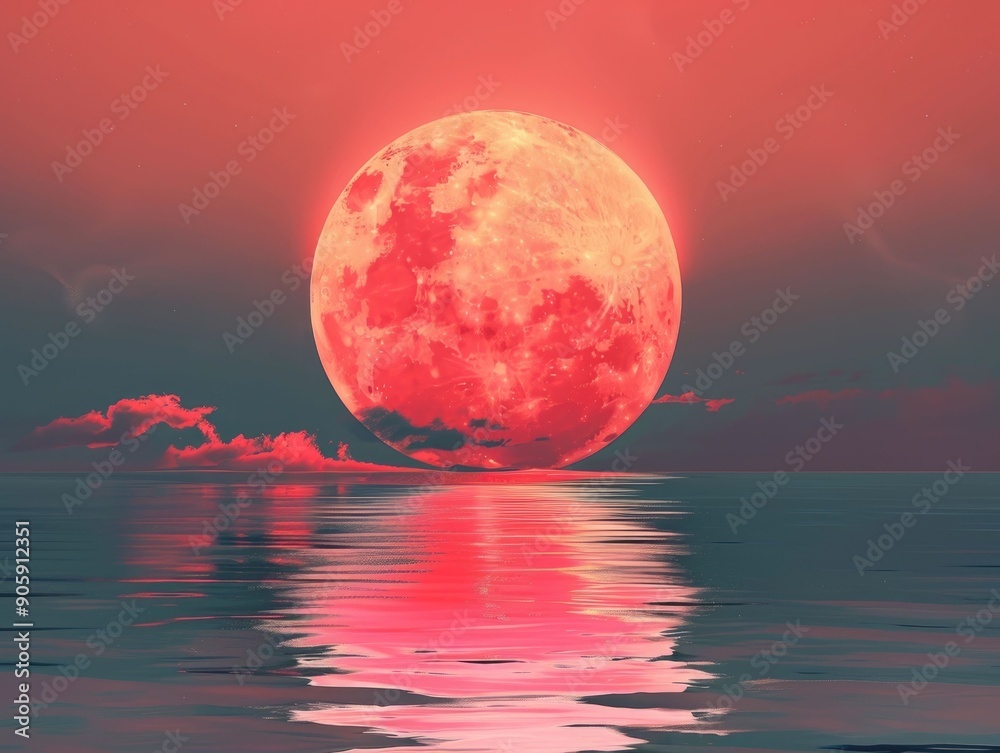 Stunning minimalist poster featuring a dramatic oversized full moon rising over a tranquil reflective water landscape The clean Stunning minimalist poster featuring a dramatic oversized full moon rising over a tranquil reflective water landscape The clean