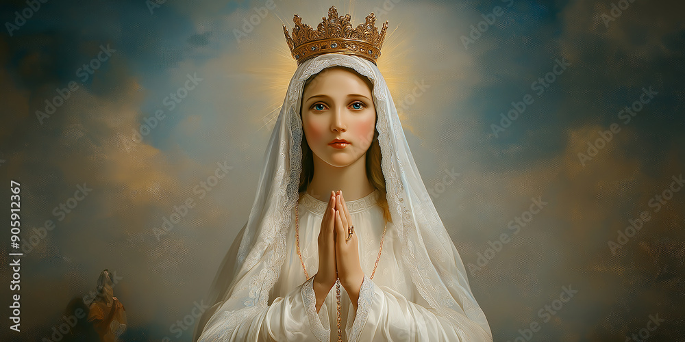 Virgin mary wearing crown praying with rosary beads and cloudy sky ...