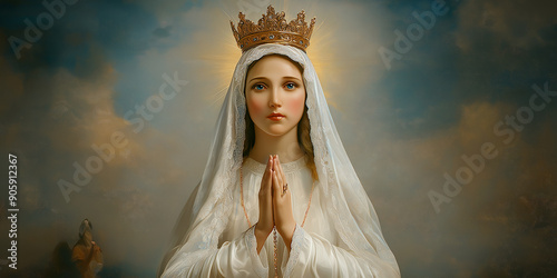 Virgin mary wearing crown praying with rosary beads and cloudy sky