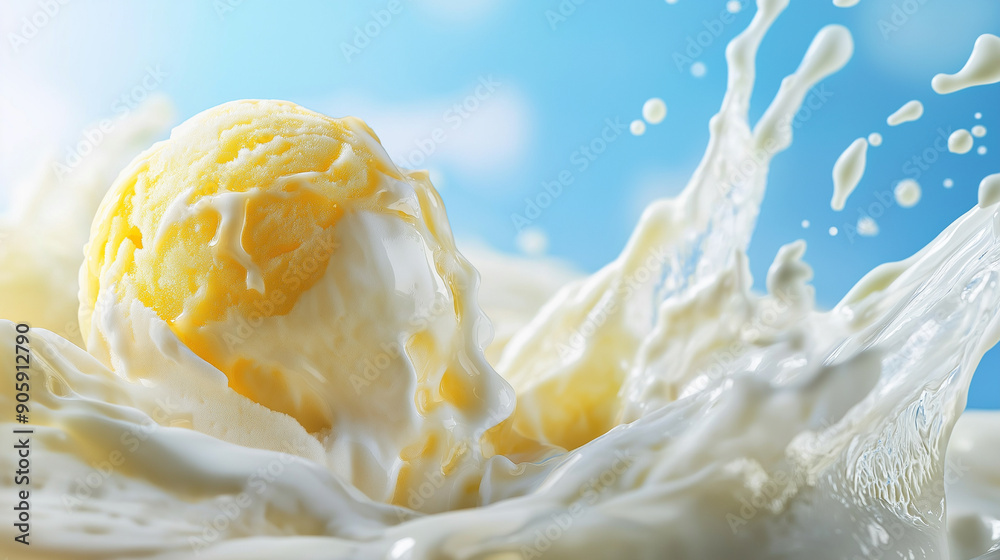 Milk splash with yellow lemon ball of ice cream inside closeup Milk splash with yellow lemon ball of ice cream inside closeup