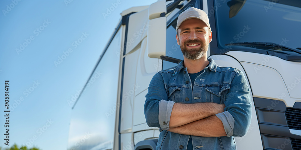 Truck driver smiling with crossed arms in front of his truck Truck driver smiling with crossed arms in front of his truck