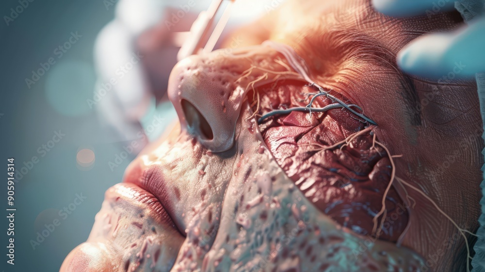 Fototapeta premium A woman's face is being operated on, with a doctor holding a scalpel