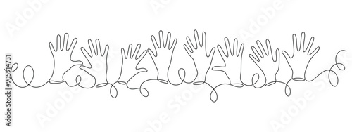 Raised hands are symbol of volunteerism, drawn in continuous line in minimalism, single line. Editable vector contour.
