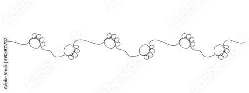 Footprints of an animal, cat or dog drawn in continuous line in minimalism, single line. Editable vector contour.
