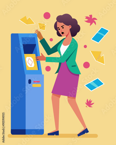 A woman clearly flustered rips her card out of the ATM machine and storms off mumbling about technology never working when you need it to.. Vector illustration