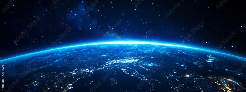 Obraz premium Stunning night sky view from space showing planet Earth with glowing European region. The sky is filled with stars, and Earth is illuminated in blue hues against the backdrop of space.