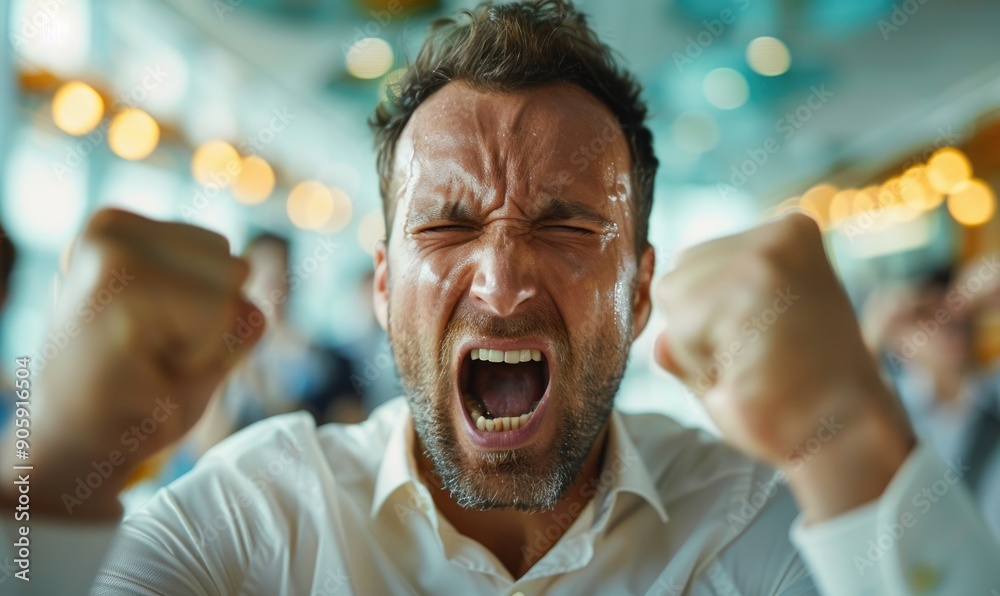 Angry Man Yelling After Losing Fortune in Modern Opulent Office Angry Man Yelling After Losing Fortune in Modern Opulent Office