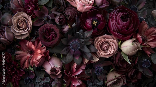 An old-fashioned floral composition showcasing a mix of dark and muted blooms like burgundy roses #905916777