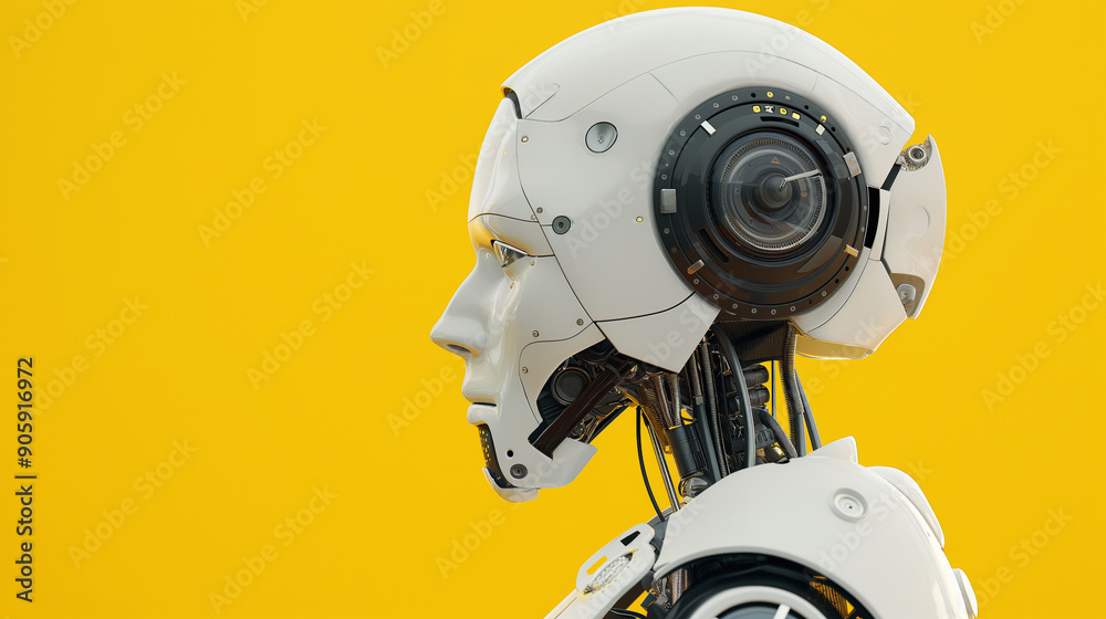 Profile of a futuristic robot with helmet, advanced technology, AI, robotics, artificial intelligence, modern design, innovation, yellow background, side view, sci-fi concept Profile of a futuristic robot with helmet, advanced technology, AI, robotics, artificial intelligence, modern design, innovation, yellow background, side view, sci-fi concept