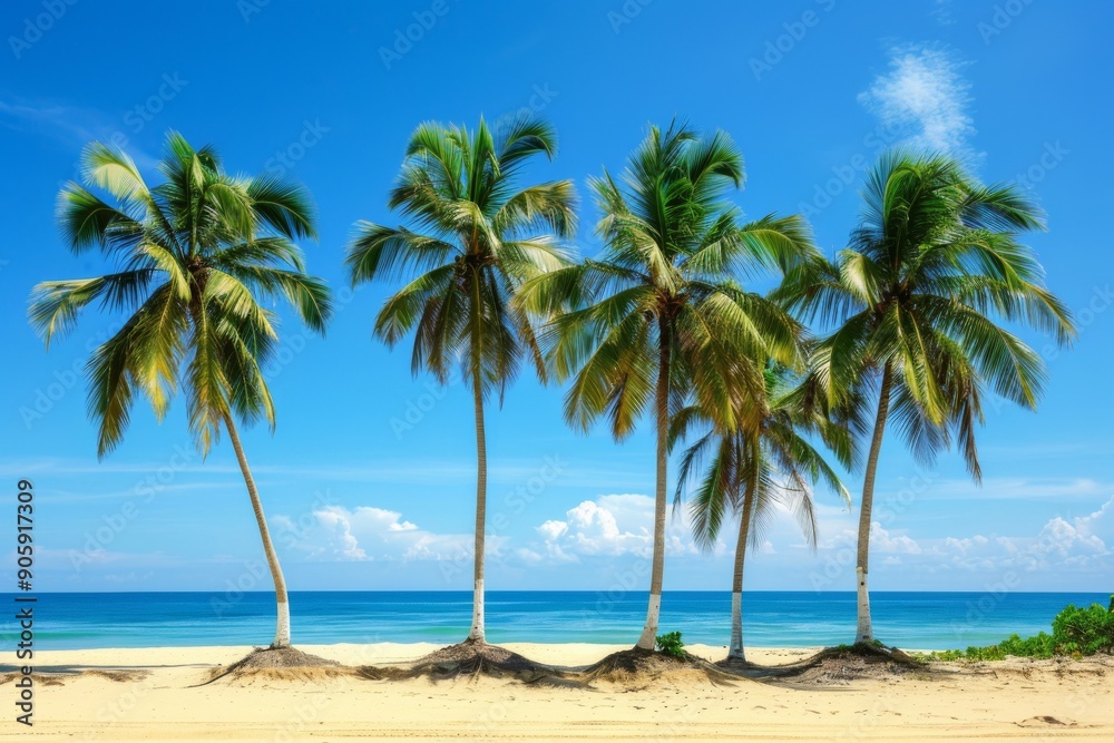 Obraz premium Vibrant Verano palm trees swaying gracefully on a pristine beach in Mexico under the warm sunlight, evoking a sense of tropical paradise and serene relaxation.