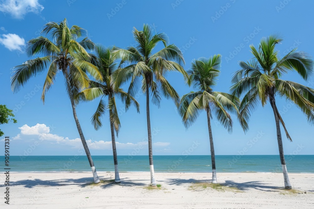 Vibrant Verano palm trees swaying gracefully on a pristine beach in Mexico under the warm sunlight, evoking a sense of tropical paradise and serene relaxation.