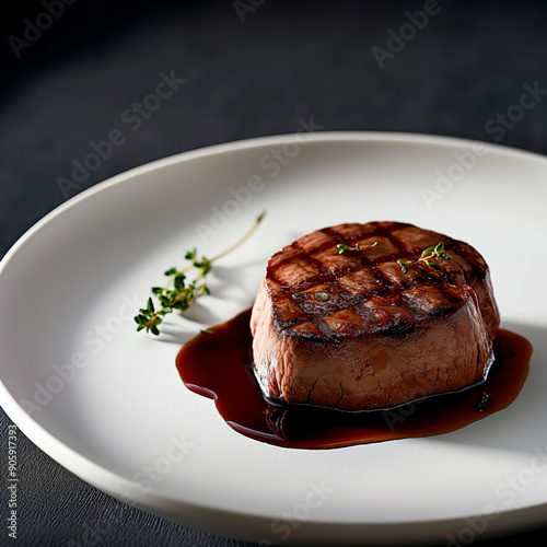 Delicate filet mignon paired with a decorative herb garnish, presented on a white gourmet plate.