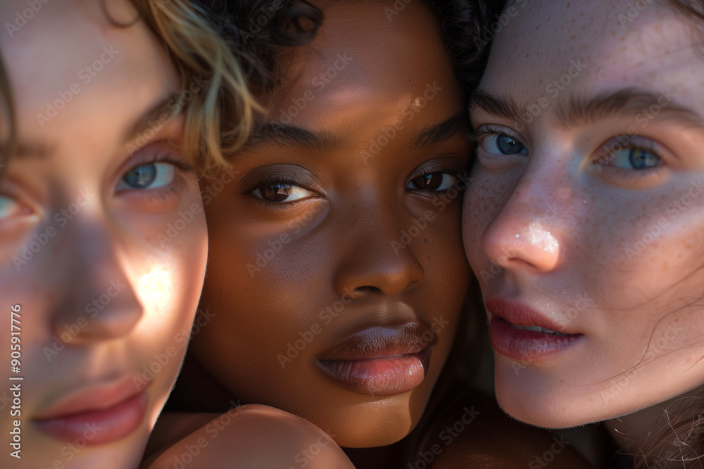 Close-up Portrait of Three Young Women with Diverse Skin Tones, Highlighting Their Unique Beauty and Detailed Facial Features in Soft Natural Lighting Close-up Portrait of Three Young Women with Diverse Skin Tones, Highlighting Their Unique Beauty and Detailed Facial Features in Soft Natural Lighting