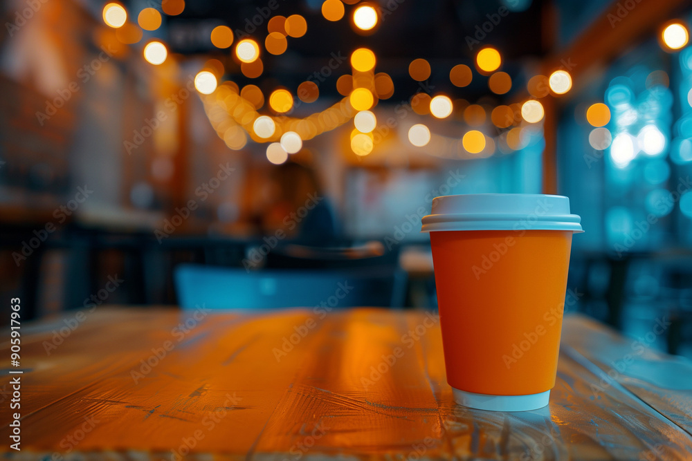 A Vibrant Orange Disposable Coffee Cup on a Wooden Table in a Cozy Cafe with Warm Bokeh Lights in the Background A Vibrant Orange Disposable Coffee Cup on a Wooden Table in a Cozy Cafe with Warm Bokeh Lights in the Background