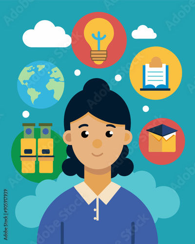 A student working parttime to save enough money for a semester abroad determined to achieve her goal of experiencing different cultures.. Vector illustration