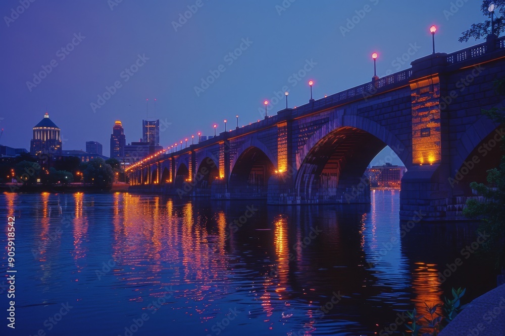 Fototapeta premium Spectacular Minneapolis Skyline at Dusk Over the Mississippi River, Highlighting the Historic Stone Arch Bridge in a Serene Urban Landscape.