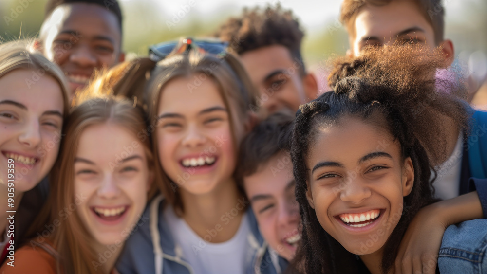 Obraz premium Smiling group of diverse teenagers enjoying time together outdoors