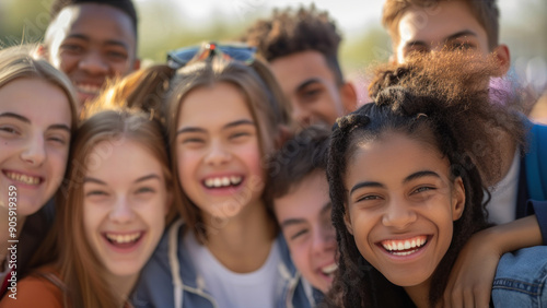 Smiling group of diverse teenagers enjoying time together outdoors photo