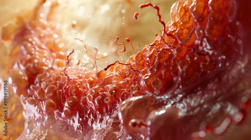 A close up of a red and white tissue with red spots A close up of a red and white tissue with red spots