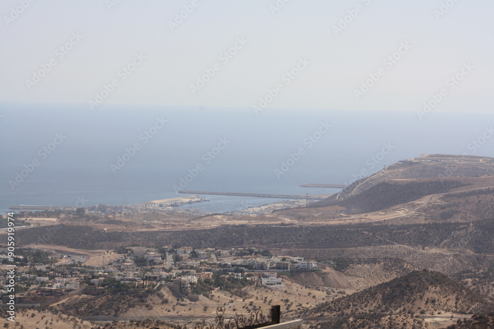 Fototapeta premium A view of the city of Agadir from the top of the mountain on July 29 2024.
