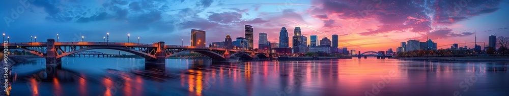 Fototapeta premium Spectacular Minneapolis Skyline at Dusk Over the Mississippi River, Highlighting the Historic Stone Arch Bridge in a Serene Urban Landscape.