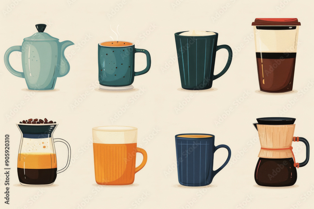 A collection of uniquely designed coffee mugs and pots in various styles, perfect for your beverage-themed project. A collection of uniquely designed coffee mugs and pots in various styles, perfect for your beverage-themed project.
