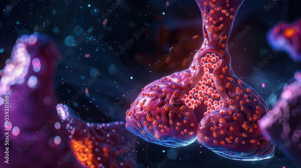 A close up of a pinkish purple blob with red spots A close up of a pinkish purple blob with red spots