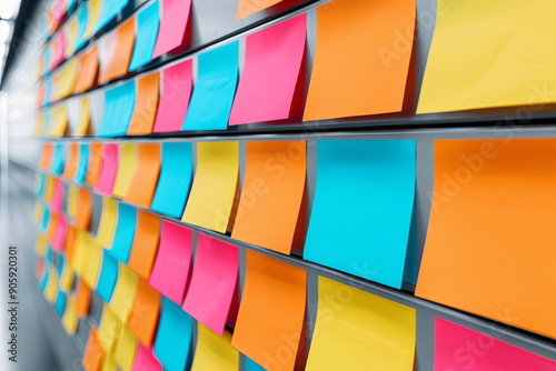 A colorful array of sticky notes arranged on a surface, ideal for organization, planning, and brainstorming activities. photo