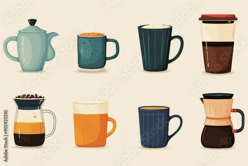 A collection of uniquely designed coffee mugs and pots in various styles, perfect for your beverage-themed project. photo