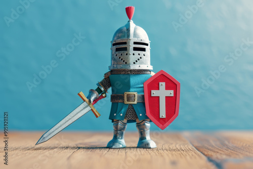 A colorful knight figurine with a sword and shield, showcasing bravery and medieval charm in a playful setting. photo