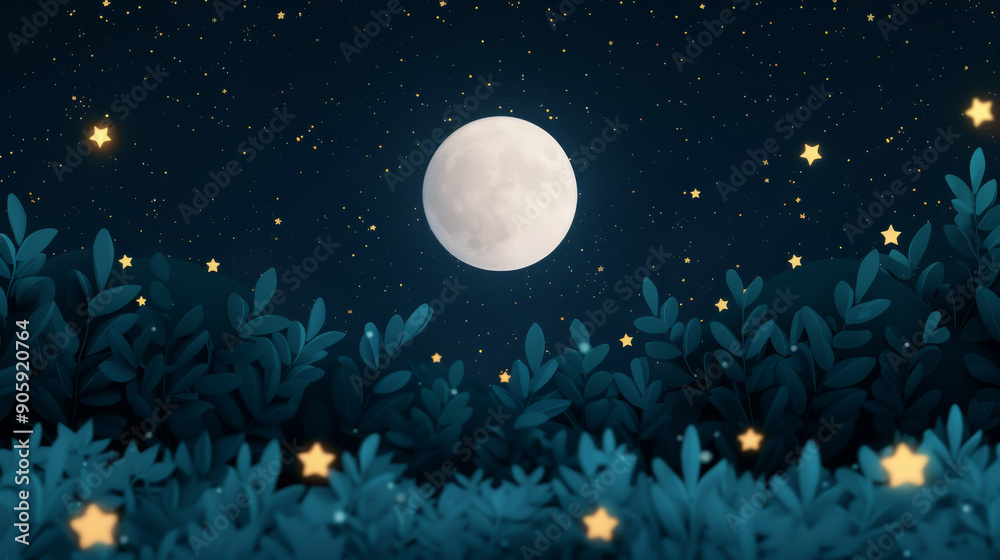 A serene night scene featuring a bright moon among twinkling stars and lush foliage, perfect for illustrating tranquility. A serene night scene featuring a bright moon among twinkling stars and lush foliage, perfect for illustrating tranquility.