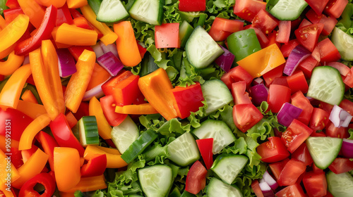 A vibrant mix of fresh vegetables including bell peppers, cucumbers, and tomatoes, perfect for healthy recipes and salads.