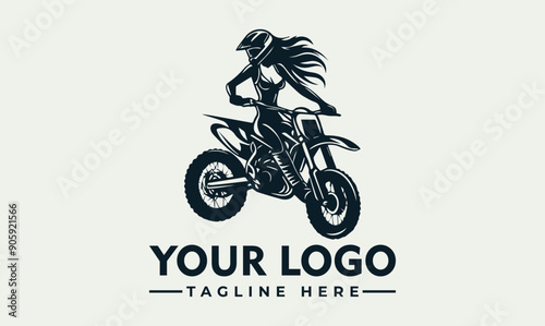 Woman riding dirt bike, motocross long hair, goggles, speeding. Woman with long hair rides a dirt bike at high speed, wearing goggles for protection. Ideal for sports and adventure concepts. © syahed