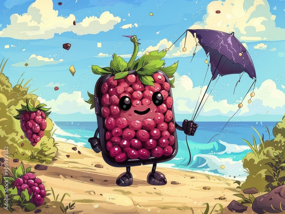 Fototapeta premium Playful and whimsical cartoon character design of a blackberry fruit with a vintage comic book style happily flying a beach kite against a colorful summer landscape of ocean sky and clouds