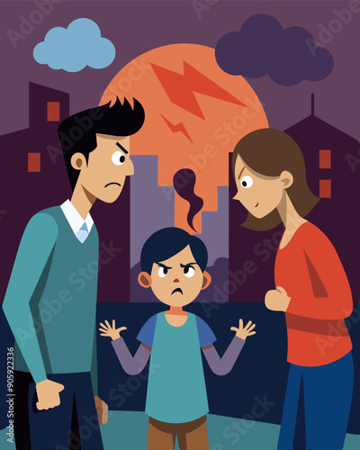 A teenager angrily confronts their parents blaming them for not being able to keep their house and uprooting the family.. Vector illustration