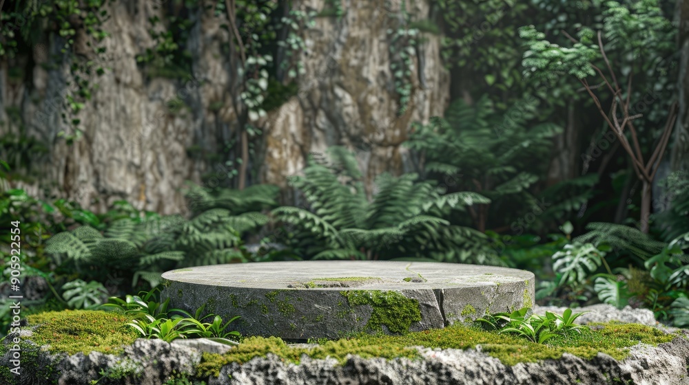 Stone pedestal, forest background, flat 3D pedestal product. Round stone pedestal display. turn green to gray Standing abstractly, which comes from the forest, nature Stone pedestal, forest background, flat 3D pedestal product. Round stone pedestal display. turn green to gray Standing abstractly, which comes from the forest, nature