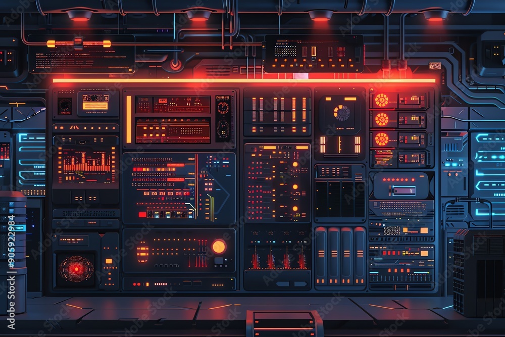 Futuristic Control Room with Red and Blue Lights.