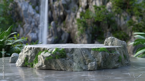 Stone pedestal, forest background, flat 3D pedestal product. Round stone pedestal display. turn green to gray Standing abstractly, which comes from the forest, nature