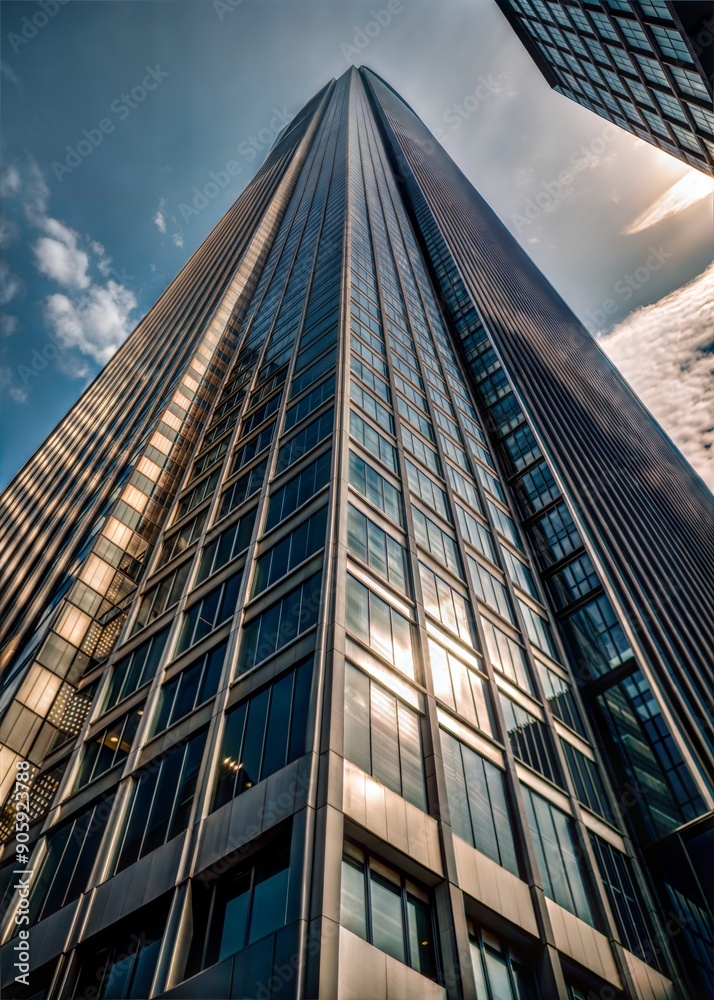 Obraz premium Modern skyscraper reflecting sunlight and clouds
