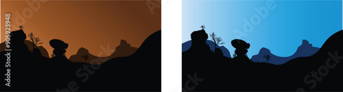desert silhouette background at dawn and night