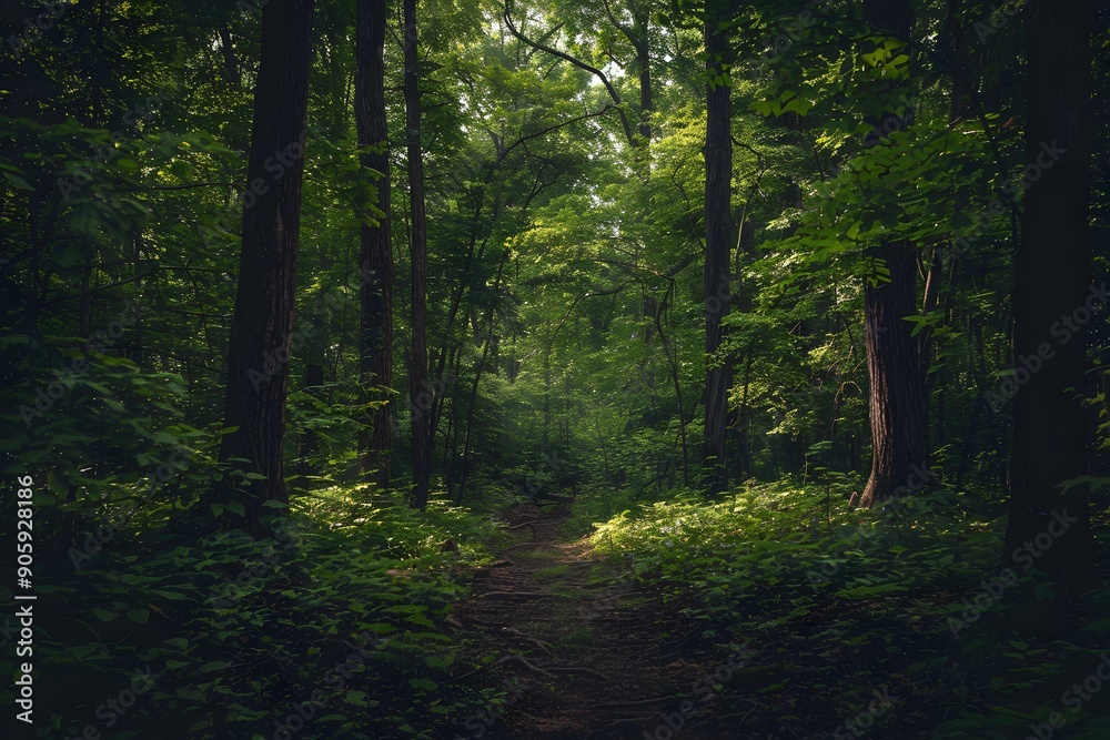 Serene forest path illuminated by soft sunlight through lush green trees. Serene forest path illuminated by soft sunlight through lush green trees.