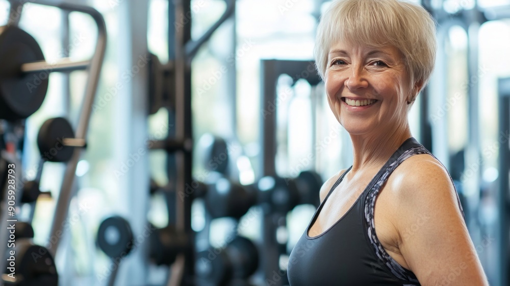 Obraz premium Portrait of smiling Middle aged woman working out gym fitness healthy lifestyle gym fitness for seniors, healthy aging, active lifestyle 