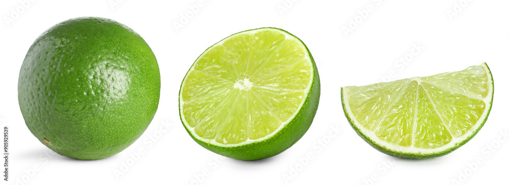 Fresh lime isolated on white, collage. Whole, half and slice Fresh lime isolated on white, collage. Whole, half and slice