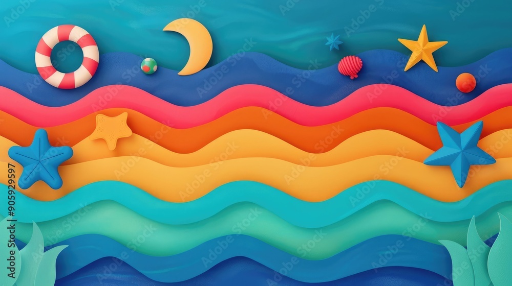 Vibrant of Labor Day Beach Party with Celebratory Elements like Starfish Crescent Moon Sun Waves and Colorful Patterns Vibrant of Labor Day Beach Party with Celebratory Elements like Starfish Crescent Moon Sun Waves and Colorful Patterns