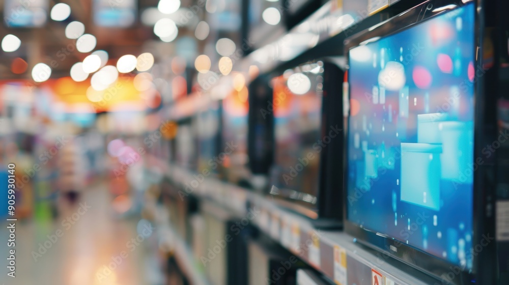 A variety of televisions are showcased in a bustling electronics store filled with shoppers A variety of televisions are showcased in a bustling electronics store filled with shoppers